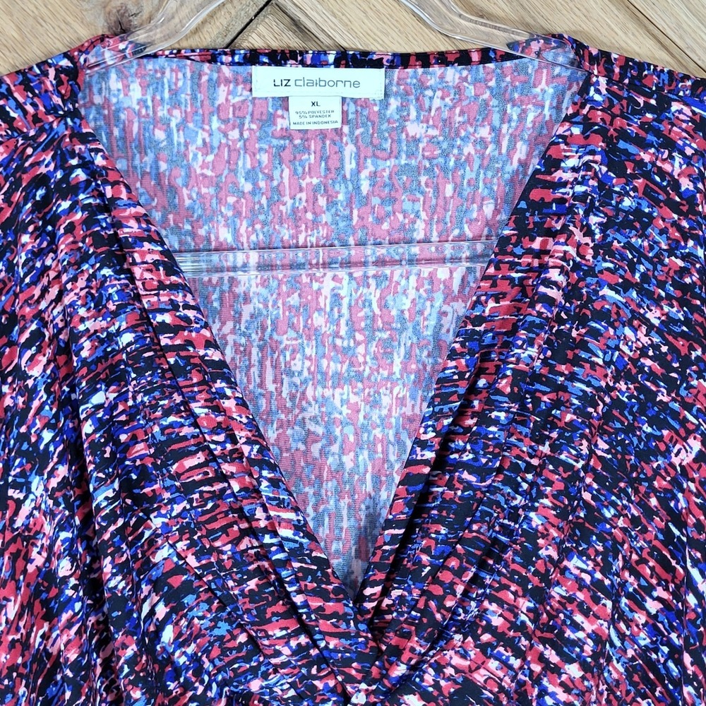 Liz Claiborne Blouse Womens XL 3/4 Sleeve Knot Front Abstract Print Pink Blue - Picture 2 of 5